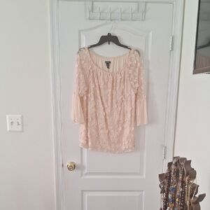 Elegant Cream Pink Lace Women's Top With Delicate Flowers And Bell Sleeves